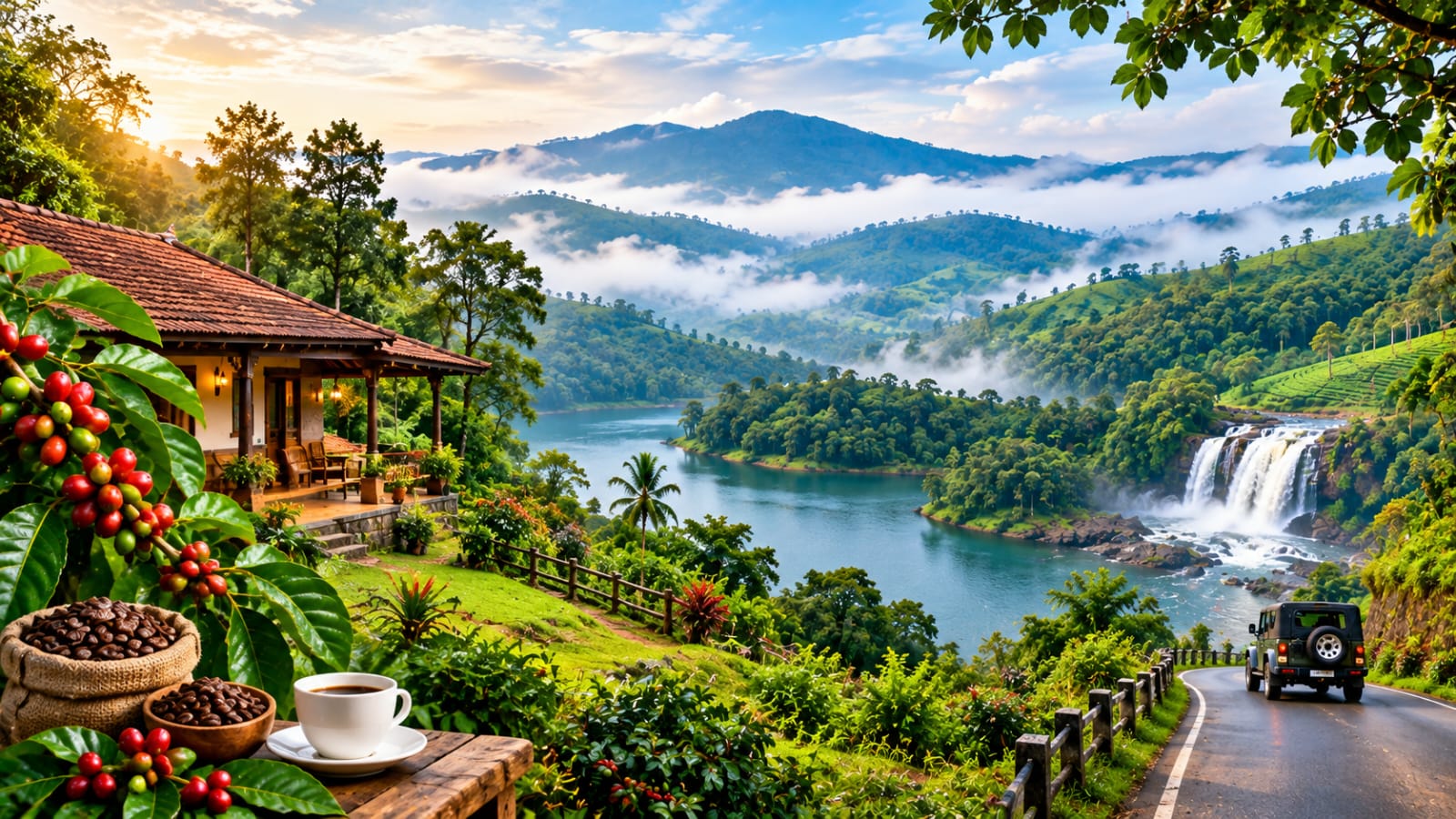 Misty green mountain landscape in Karnataka's Western Ghats